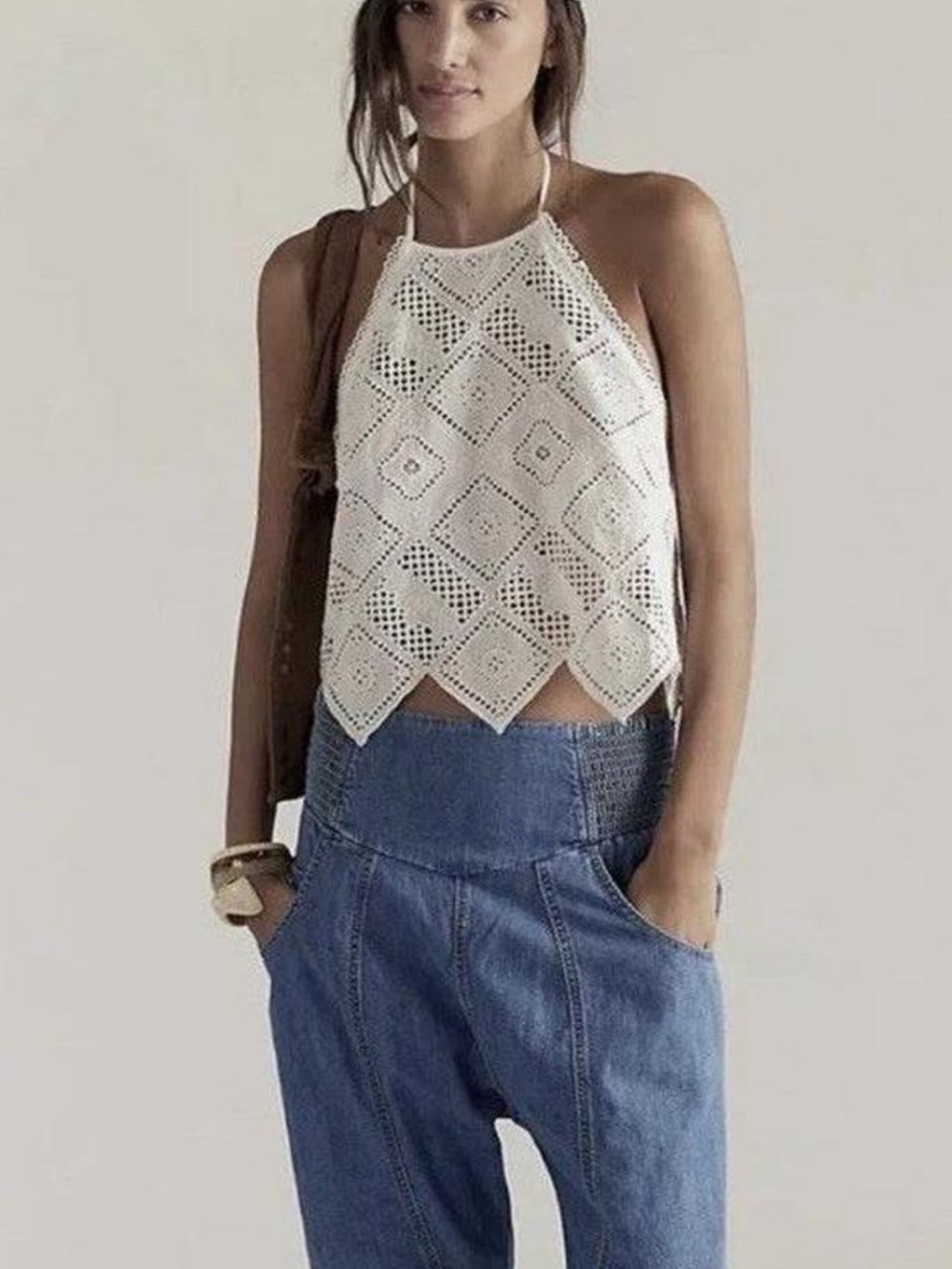 Free people Crochet Halter Crop Top - White